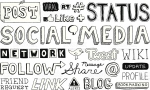 A variety of hand-drawn doodled text of social media concepts.